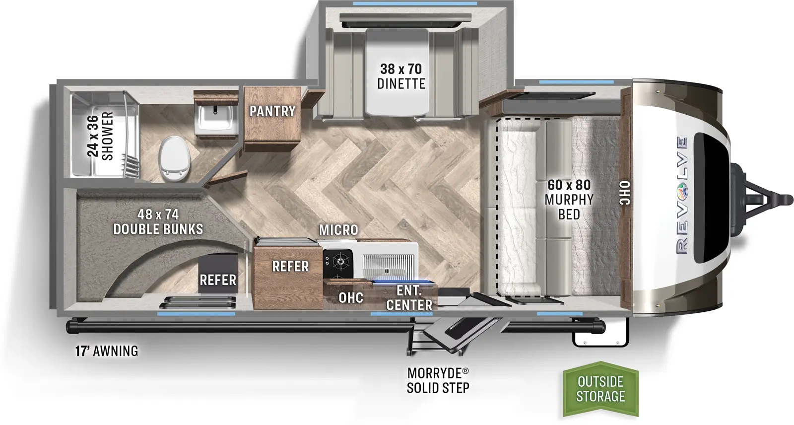 The EV5 has one slide out and one entry. Exterior features a 17 foot awning, rear refrigerator, and MORryde Solid Step. Interior layout front to back: murphy bed/couch with overhead cabinet, off door side dinette slide out, and pantry; door side entry, kitchen with overhead cabinet entertainment center, microwave, cooktop and refrigerator; rear, off-door side full bathroom; rear door side double bunks. 